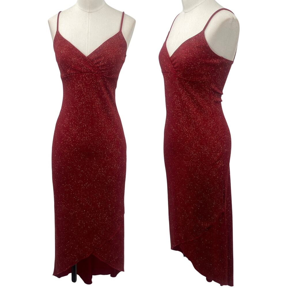 Vintage 90s Y2k Glitter Cocktail Midi Dress Bodycon V Neck Red Womens 0